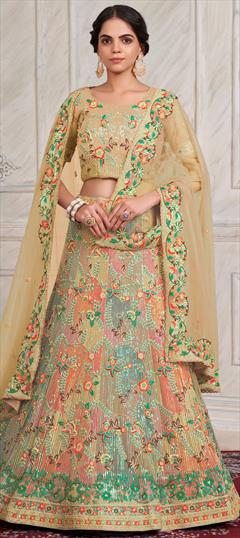 Bridal, Wedding Yellow color Lehenga in Net fabric with Flared Sequence, Thread work : 1910477