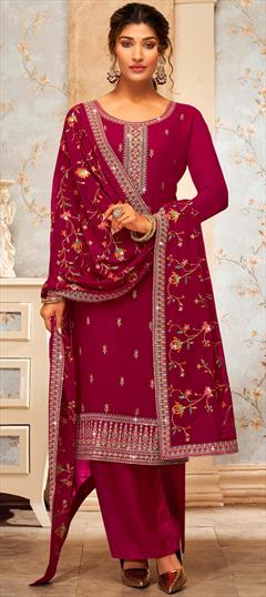 Festive, Party Wear, Reception Pink and Majenta color Salwar Kameez in Georgette fabric with Palazzo, Straight Embroidered, Resham, Thread work : 1910577