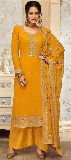 Festive, Party Wear, Reception Yellow color Salwar Kameez in Georgette fabric with Palazzo, Straight Embroidered, Resham, Thread work : 1910578