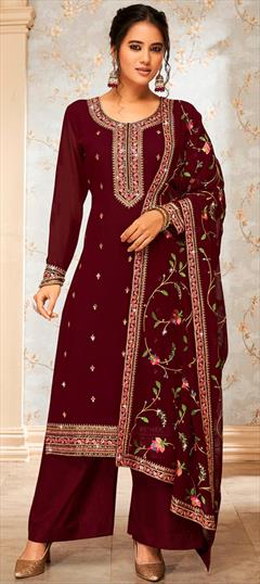 Festive, Party Wear, Reception Red and Maroon color Salwar Kameez in Georgette fabric with Palazzo, Straight Embroidered, Resham, Thread work : 1910582