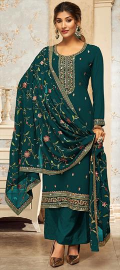 Festive, Party Wear, Reception Blue color Salwar Kameez in Georgette fabric with Palazzo, Straight Embroidered, Resham, Thread work : 1910583