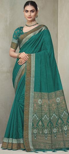 Party Wear, Traditional Blue color Saree in Silk, Tussar Silk fabric with Classic, South Printed work : 1910584