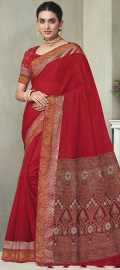 Party Wear, Traditional Red and Maroon color Saree in Silk, Tussar Silk fabric with Classic, South Printed work : 1910585