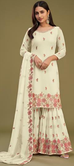 Festive, Mehendi Sangeet, Reception White and Off White color Salwar Kameez in Georgette fabric with Sharara, Straight Embroidered, Resham, Sequence, Thread work : 1910586