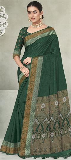 Party Wear, Traditional Green color Saree in Silk, Tussar Silk fabric with Classic, South Printed work : 1910590