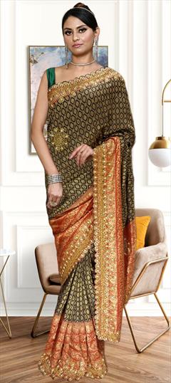 Bridal, Traditional, Wedding Black and Grey color Saree in Kanjeevaram Silk fabric with South Bugle Beads, Stone, Weaving work : 1910733