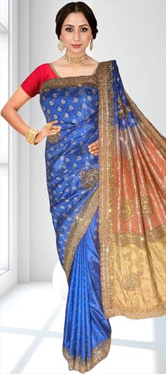 Bridal, Traditional, Wedding Blue color Saree in Kanjeevaram Silk fabric with South Bugle Beads, Stone, Weaving work : 1910735