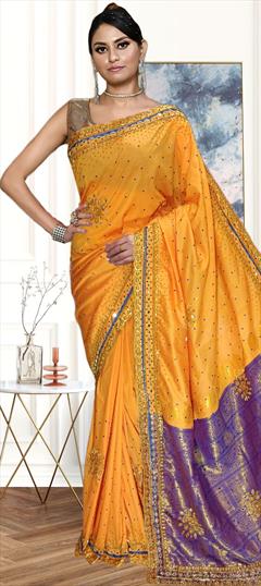 Bridal, Traditional, Wedding Gold color Saree in Satin Silk fabric with South Bugle Beads, Mirror, Stone, Weaving work : 1910739