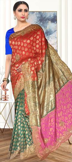 Bridal, Traditional, Wedding Green, Red and Maroon color Saree in Kanjeevaram Silk fabric with South Bugle Beads, Stone, Weaving work : 1910743
