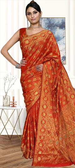 Bridal, Traditional, Wedding Red and Maroon color Saree in Kanjeevaram Silk fabric with South Stone, Weaving, Zari work : 1910748
