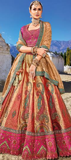Bridal, Wedding Gold color Lehenga in Banarasi Silk fabric with Flared Lace, Sequence, Stone, Weaving work : 1910799
