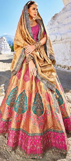 Bridal, Wedding Beige and Brown, Yellow color Lehenga in Banarasi Silk fabric with Flared Lace, Sequence, Stone, Weaving work : 1910801