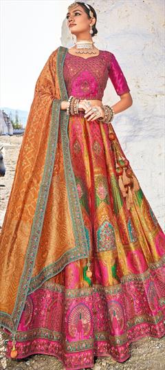 Bridal, Wedding Multicolor color Lehenga in Banarasi Silk fabric with Flared Lace, Sequence, Stone, Weaving work : 1910802