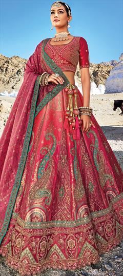 Bridal, Wedding Red and Maroon color Lehenga in Banarasi Silk fabric with Flared Lace, Sequence, Stone, Weaving work : 1910803
