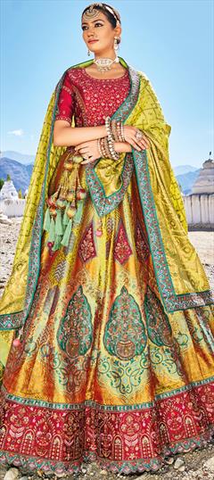 Bridal, Wedding Yellow color Lehenga in Banarasi Silk fabric with Flared Lace, Sequence, Stone, Weaving work : 1910804