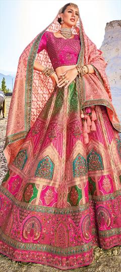 Bridal, Wedding Pink and Majenta color Lehenga in Banarasi Silk fabric with Flared Lace, Sequence, Stone, Weaving work : 1910805