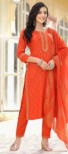 Festive, Party Wear Orange color Salwar Kameez in Rayon fabric with Straight Printed work : 1910822