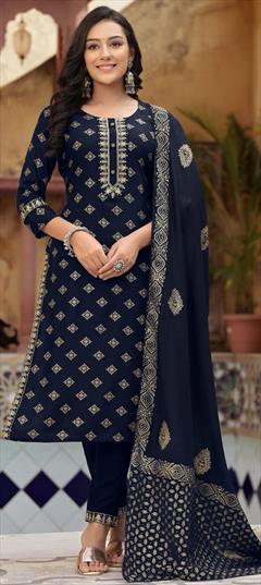Festive, Party Wear Blue color Salwar Kameez in Rayon fabric with Straight Printed work : 1910823