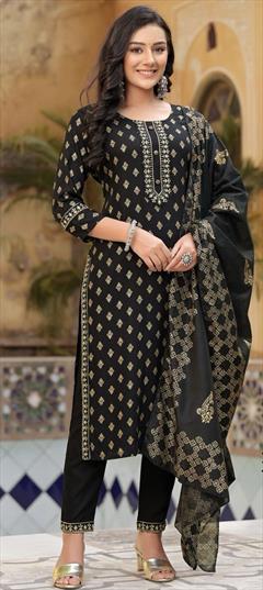 Festive, Party Wear Black and Grey color Salwar Kameez in Rayon fabric with Straight Printed work : 1910829