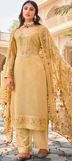 Festive, Party Wear Beige and Brown color Salwar Kameez in Georgette fabric with Straight Embroidered work : 1910843