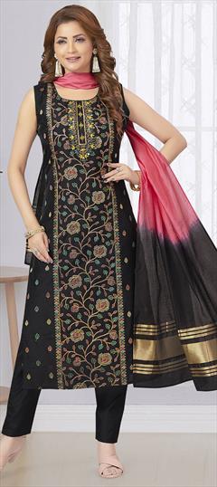 Festive, Reception Black and Grey color Salwar Kameez in Chanderi Silk fabric with Straight Embroidered, Resham work : 1910852