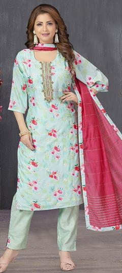 Festive, Reception Blue color Salwar Kameez in Art Silk fabric with Straight Embroidered, Resham work : 1910853