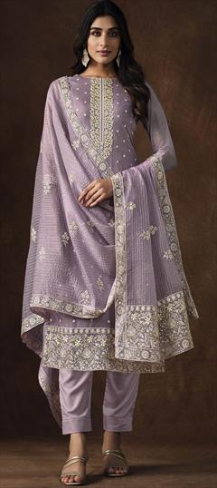 Festive, Party Wear Purple and Violet color Salwar Kameez in Organza Silk fabric with Straight Embroidered, Thread, Zari work : 1910934