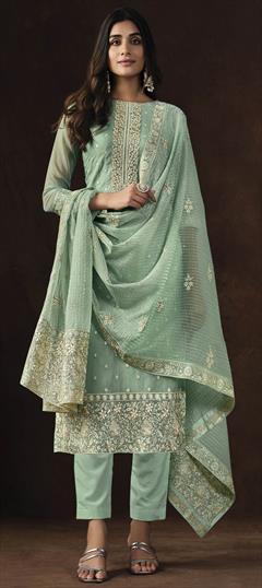 Festive, Party Wear Green color Salwar Kameez in Organza Silk fabric with Straight Embroidered, Thread, Zari work : 1910938