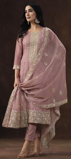 Festive, Party Wear Pink and Majenta color Salwar Kameez in Organza Silk fabric with Straight Embroidered, Thread, Zari work : 1910940