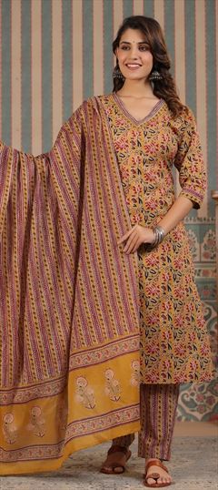 Festive, Summer Yellow color Salwar Kameez in Cotton fabric with Straight Cut Dana, Printed work : 1910955