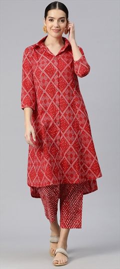Festive, Summer Red and Maroon color Salwar Kameez in Cotton fabric with Curved Bandhej, Printed work : 1910989
