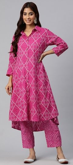 Festive, Summer Pink and Majenta color Salwar Kameez in Cotton fabric with Curved Bandhej, Printed work : 1910990