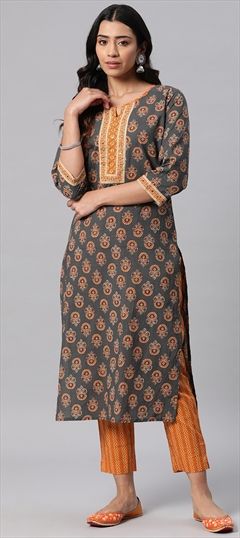 Festive, Summer Black and Grey, Orange color Salwar Kameez in Cotton fabric with Straight Printed, Thread work : 1911006