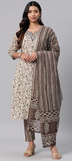 Festive, Summer Beige and Brown color Salwar Kameez in Cotton fabric with Straight Floral, Printed, Thread work : 1911014