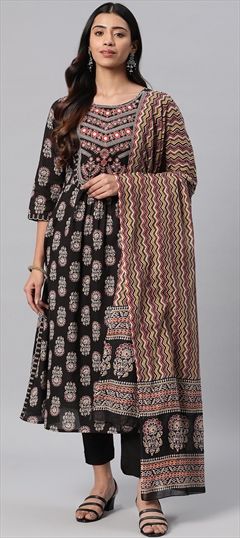 Festive, Summer Black and Grey color Salwar Kameez in Cotton fabric with A Line Embroidered, Printed, Resham, Thread work : 1911020