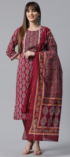 Festive, Summer Red and Maroon color Salwar Kameez in Cotton fabric with Straight Cut Dana, Printed, Resham, Thread work : 1911032