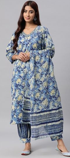 Festive, Summer Blue color Salwar Kameez in Cotton fabric with Straight Printed, Thread work : 1911036
