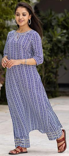 Casual, Summer Blue color Salwar Kameez in Muslin fabric with Palazzo, Straight Printed work : 1911328