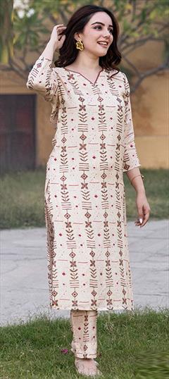 Casual, Summer White and Off White color Salwar Kameez in Muslin fabric with Palazzo, Straight Printed work : 1911338