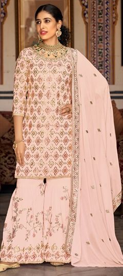 Engagement, Reception, Wedding Pink and Majenta color Salwar Kameez in Georgette fabric with Sharara, Straight Resham, Sequence, Thread work : 1911390