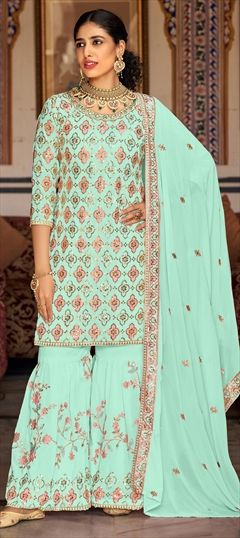 Engagement, Reception, Wedding Blue color Salwar Kameez in Georgette fabric with Sharara, Straight Resham, Sequence, Thread work : 1911393