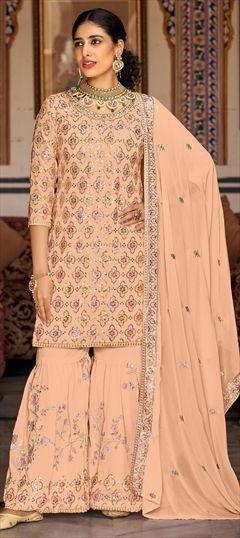 Engagement, Reception, Wedding Pink and Majenta color Salwar Kameez in Georgette fabric with Sharara, Straight Resham, Sequence, Thread work : 1911394