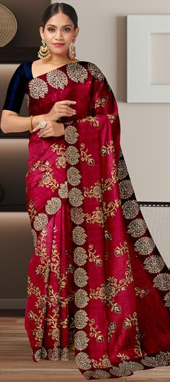 Bridal, Traditional, Wedding Red and Maroon color Saree in Satin Silk fabric with South Embroidered, Sequence, Stone work : 1911414