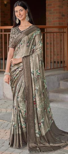 Festive, Party Wear, Reception, Wedding Black and Grey color Saree in Chiffon fabric with Classic Floral, Lace, Printed work : 1911426
