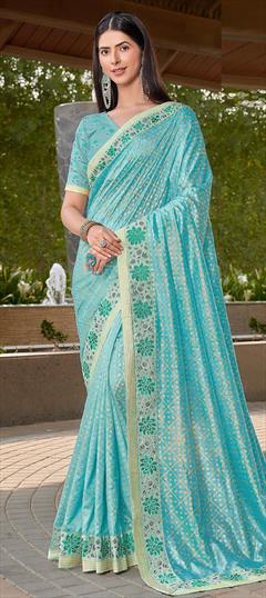 Reception, Traditional, Wedding Blue color Saree in Silk fabric with South Border, Printed work : 1911428
