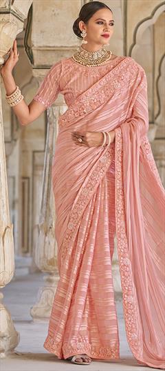 Engagement, Reception, Wedding Pink and Majenta color Saree in Art Silk, Silk fabric with South Embroidered, Moti, Thread, Weaving work : 1911578