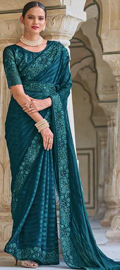 Engagement, Reception, Wedding Green color Saree in Art Silk, Silk fabric with South Embroidered, Moti, Thread, Weaving work : 1911581