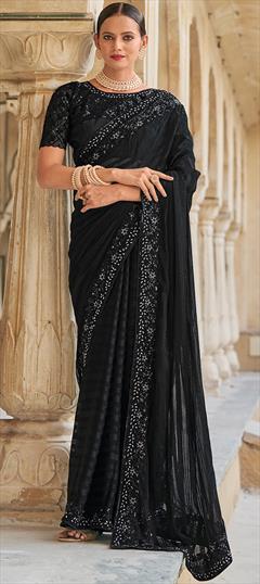 Engagement, Reception, Wedding Black and Grey color Saree in Art Silk, Silk fabric with South Embroidered, Moti, Thread, Weaving work : 1911582
