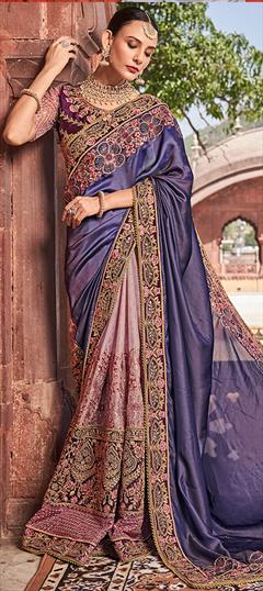 Engagement, Reception, Wedding Blue, Pink and Majenta color Saree in Art Silk, Silk fabric with Half and Half, South Embroidered, Resham, Sequence, Thread, Zari work : 1911585
