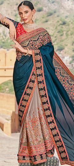 Engagement, Reception, Wedding Black and Grey, Blue color Saree in Art Silk, Silk fabric with Half and Half, South Embroidered, Resham, Sequence, Thread, Zari work : 1911587